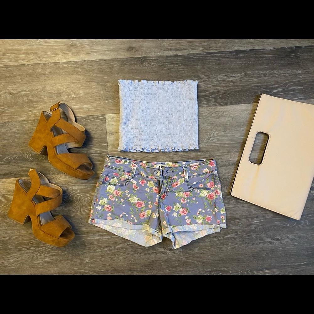 LEI Floral Denim Chambray Shorts